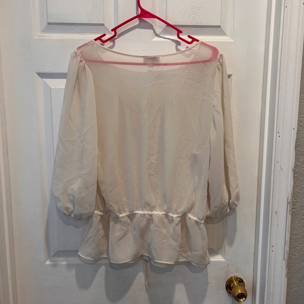 Loft Women's L Cream Sheer Button Down Top Blouse Drawstring Peplum Cottagecore - Picture 7 of 7
